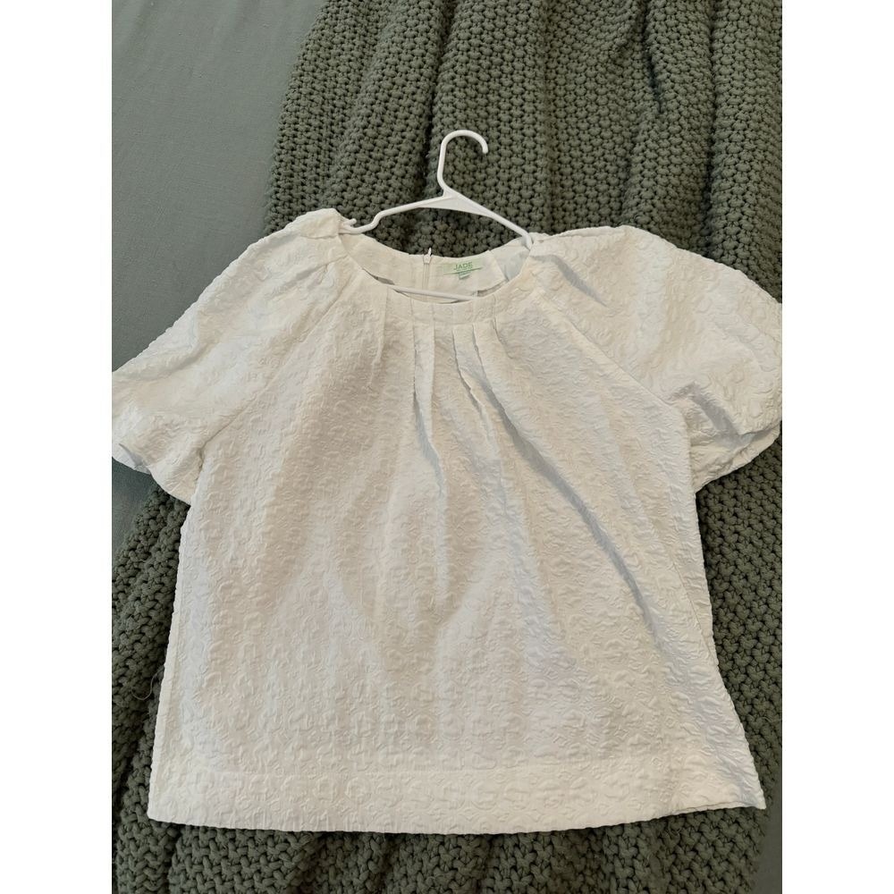 Jade Textured White Blouse Elegant Short Sleeve Top Women's Summer Fashion L